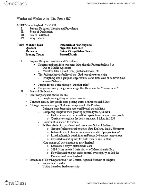 HY 103 Lecture Notes - Lecture 4: Samuel Parris, Spectral Evidence, Puritans thumbnail