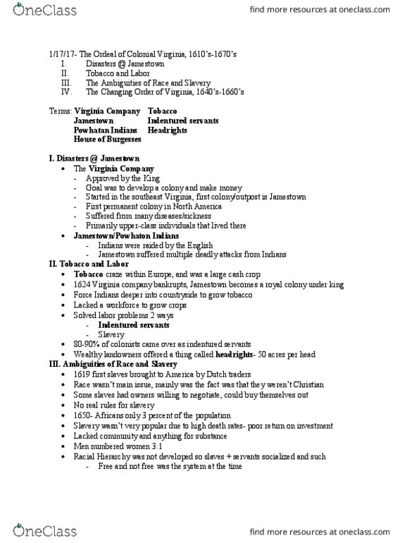 HY 103 Lecture Notes - Lecture 2: Headright, Cash Crop thumbnail