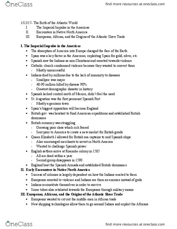 HY 103 Lecture Notes - Lecture 1: Atlantic World, Atlantic Slave Trade, Smallpox thumbnail