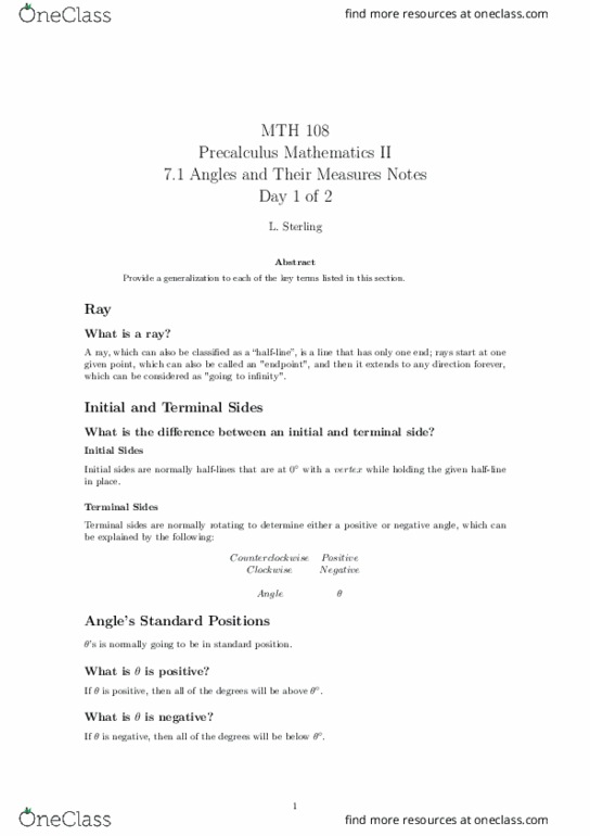MTH 108 Lecture Notes - Lecture 1: Precalculus thumbnail