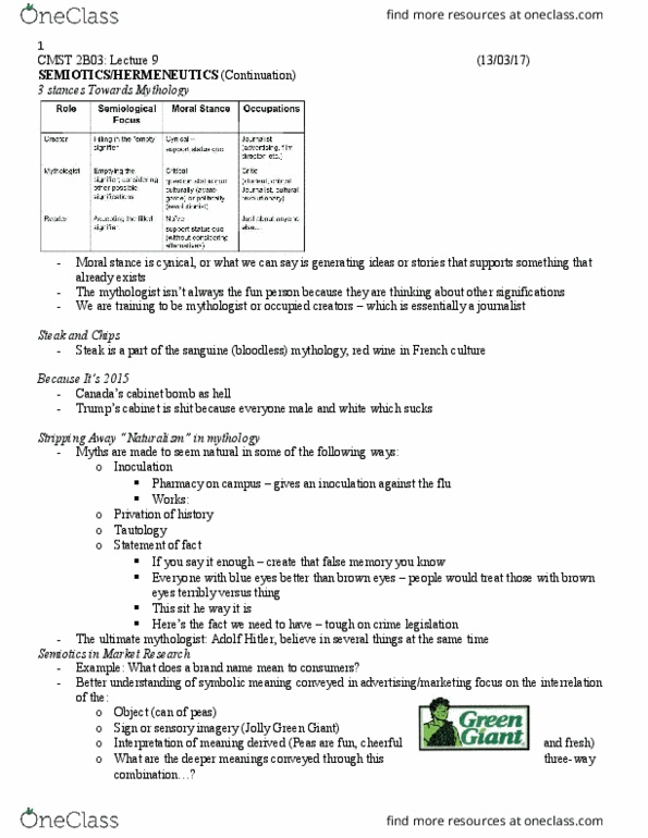 CMST 2B03 Lecture Notes - Lecture 9: Focus Group, Copy Testing, Hermeneutics thumbnail