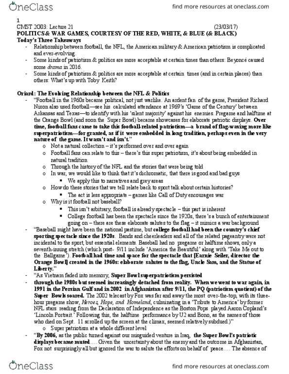 CMST 2G03 Lecture Notes - Lecture 21: Super Bowl 50 Halftime Show, Super Bowl, Boston Pops Orchestra thumbnail