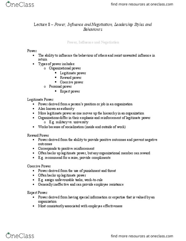 Management and Organizational Studies 2181A/B Lecture Notes - Lecture 8: Work Unit, Reinforcement, Transactional Leadership thumbnail