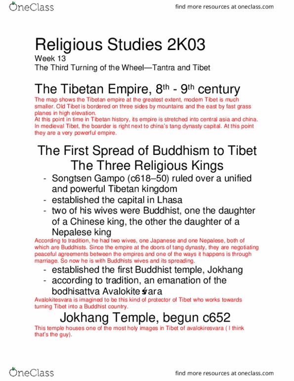 RELIGST 2K03 Lecture Notes - Lecture 13: Jokhang, History Of Tibet, Songtsen Gampo thumbnail