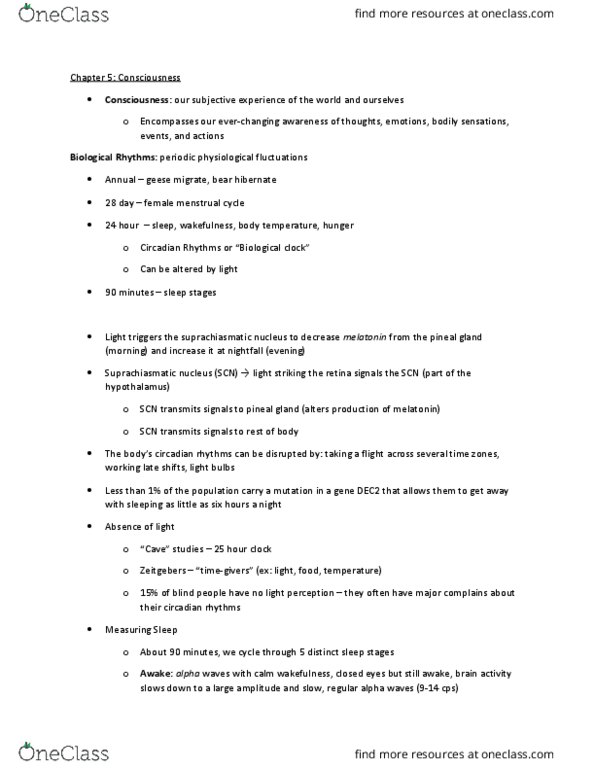 PSY 102 Chapter Notes - Chapter 5: Slow-Wave Sleep, Circadian Rhythm, Lucid Dream thumbnail