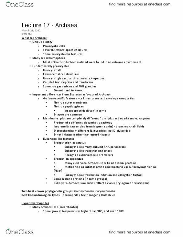 BIOL 2004 Lecture Notes - Lecture 17: Pseudopeptidoglycan, Euryarchaeota, Membrane Lipids thumbnail