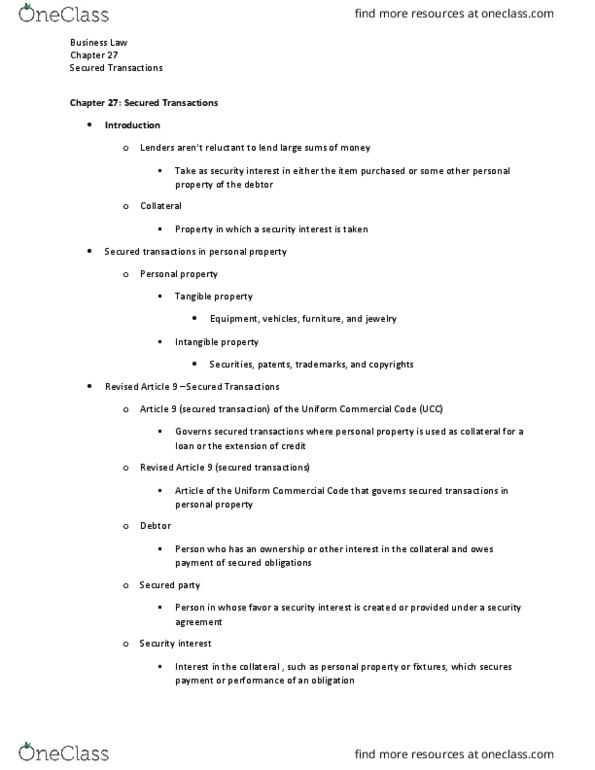 SCMA 323 Lecture Notes - Lecture 19: Uniform Commercial Code, Secured Transaction, Security Interest thumbnail