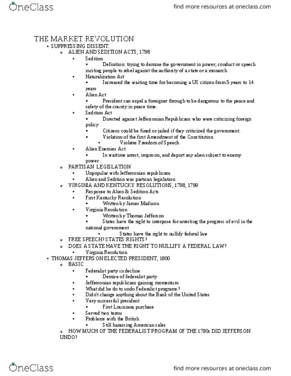 HIS 315K Lecture Notes - Lecture 20: Alien And Sedition Acts, Kentucky And Virginia Resolutions, Embargo Act Of 1807 thumbnail