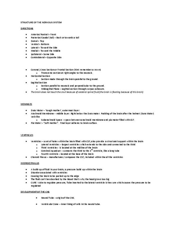 PSYCH261 Lecture Notes - Dura Mater, Pia Mater, Cerebrospinal Fluid thumbnail