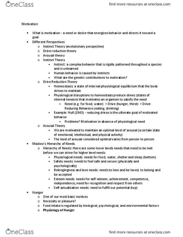 PSY 100 Lecture Notes - Lecture 1: Belongingness, Homeostasis, Human Behavior thumbnail