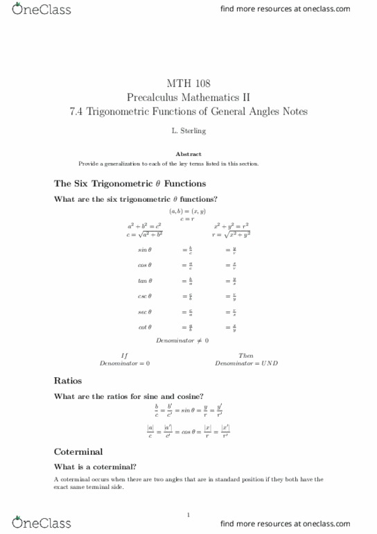 MTH 108 Lecture Notes - Lecture 5: Precalculus thumbnail