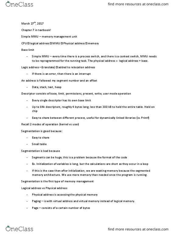 COE 628 Lecture Notes - Lecture 8: Memory Management Unit, Logical Address, Limit Up thumbnail