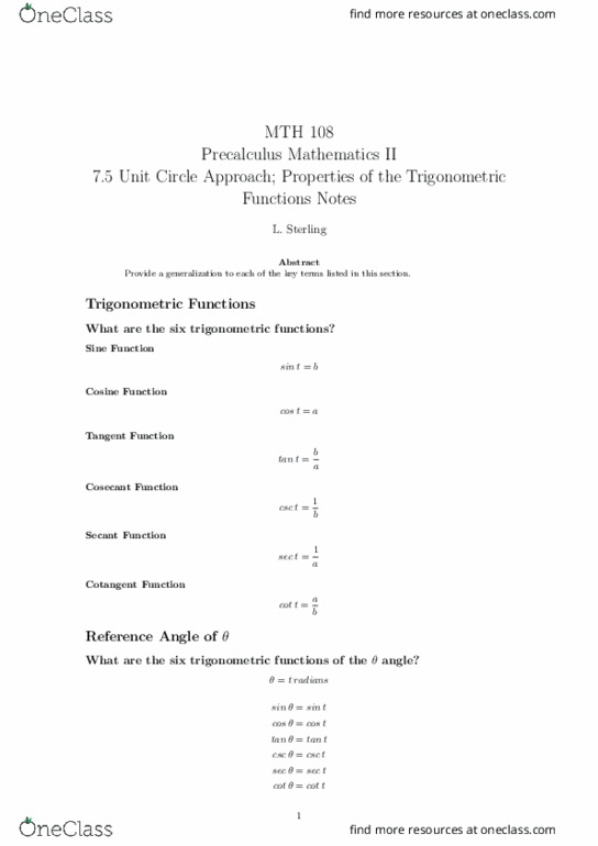 MTH 108 Lecture Notes - Lecture 6: Unit Circle, Precalculus, Trigonometric Functions thumbnail