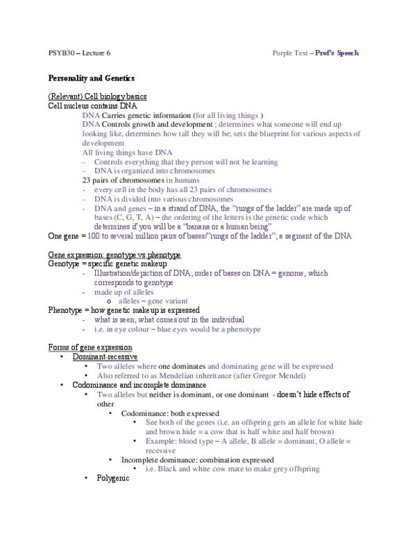 PSYB30H3 Lecture Notes - Lecture 6: Gregor Mendel, Gene Expression, Behavioural Genetics thumbnail