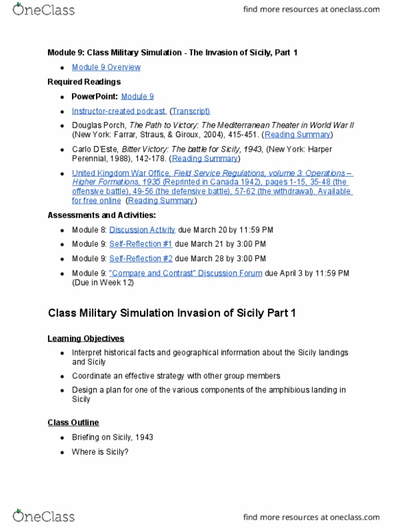 HIST 263 Lecture 10: Military Simulation and the Invasion of Sicily: Lecture 10; Mar. 22nd thumbnail