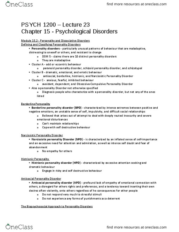 PSYC 1200 Lecture Notes - Lecture 23: Depersonalization Disorder, Limbic System, Psychogenic Amnesia thumbnail