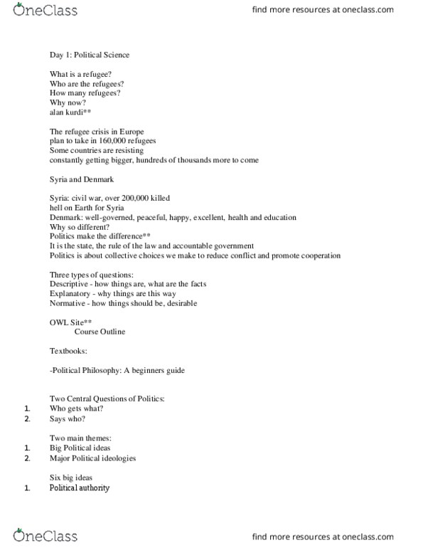 Political Science 1020E Lecture Notes - Lecture 1: Death Of Alan Kurdi thumbnail