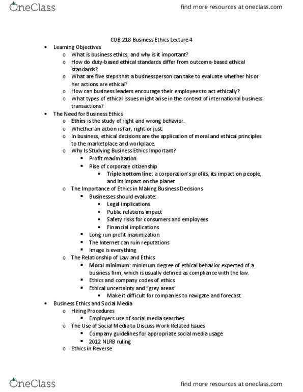 COB 218 Lecture Notes - Lecture 4: Corporate Social Responsibility, Making False Statements, Foreign Corrupt Practices Act thumbnail