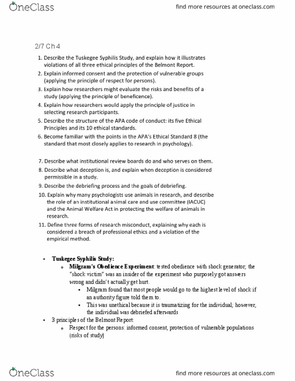 PSY 230 Lecture Notes - Lecture 4: Institutional Animal Care And Use Committee, Institutional Review Board, Belmont Report thumbnail