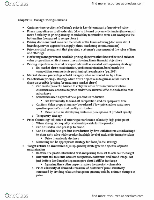 MARK20100 Chapter Notes - Chapter 10: Price Skimming, Profit Maximization, Price War thumbnail