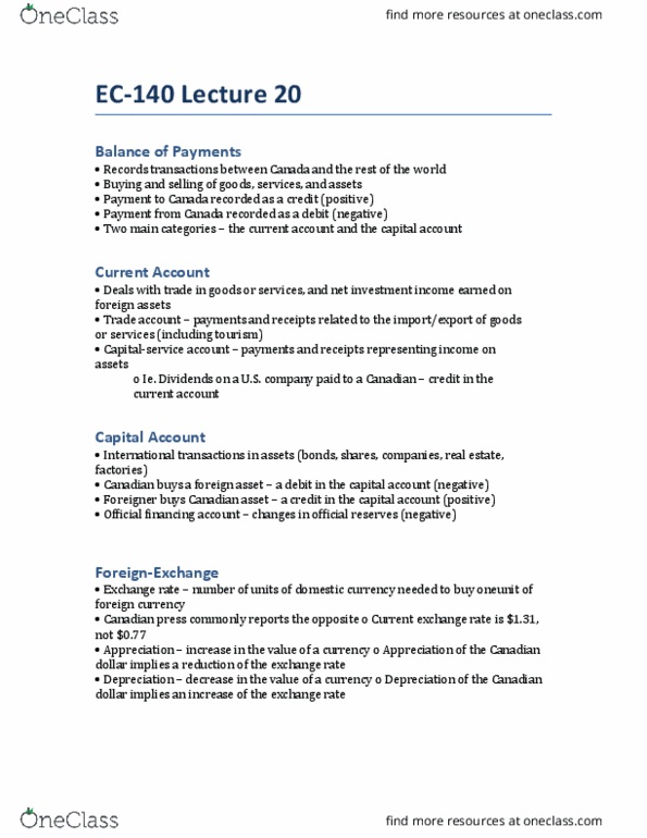 EC140 Lecture Notes - Lecture 20: Reserve Currency, Canadian Dollar, Capital Account thumbnail