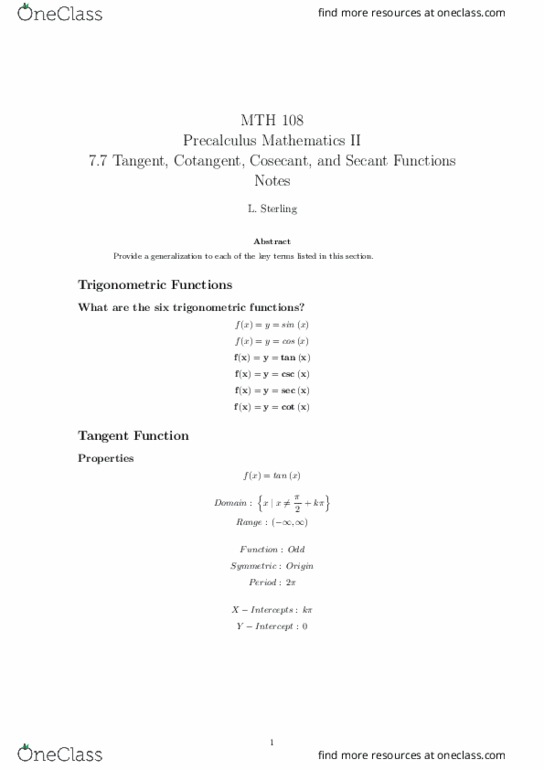 MTH 108 Lecture Notes - Lecture 8: Trigonometric Functions, Precalculus thumbnail