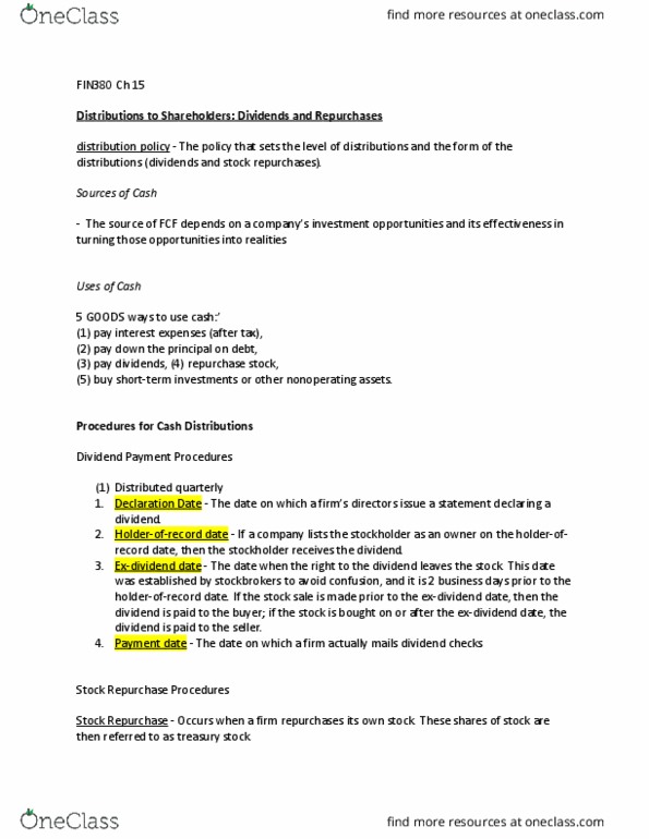 FIN 380 Chapter Notes - Chapter 15: Dividend, Dividend Policy, Dividend Yield thumbnail