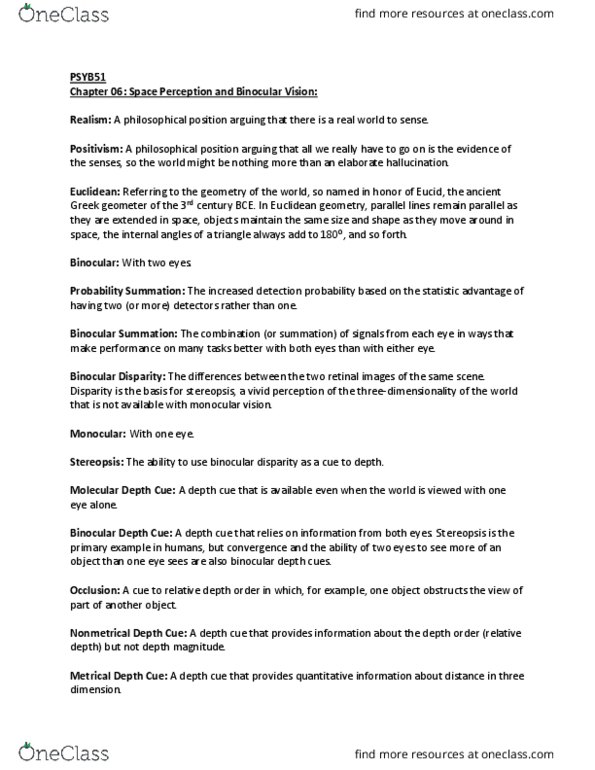 PSYB51H3 Chapter Notes - Chapter 6: Euclidean Geometry, Binocular Disparity, Depth Perception thumbnail