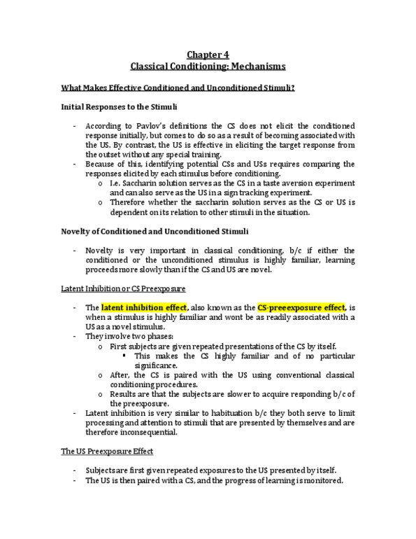PSYC 2330 Chapter Notes - Chapter 4: Classical Conditioning, Conditioned Taste Aversion, Latent Inhibition thumbnail