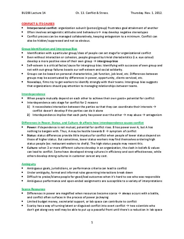 BU288 Chapter Notes - Chapter 13: In-Group Favoritism, Organizational Conflict, Stress Management thumbnail