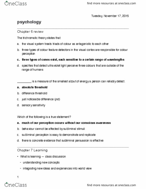 Psychology 1000 Lecture Notes - Lecture 8: Classical Conditioning, Subliminal Stimuli, Absolute Threshold thumbnail