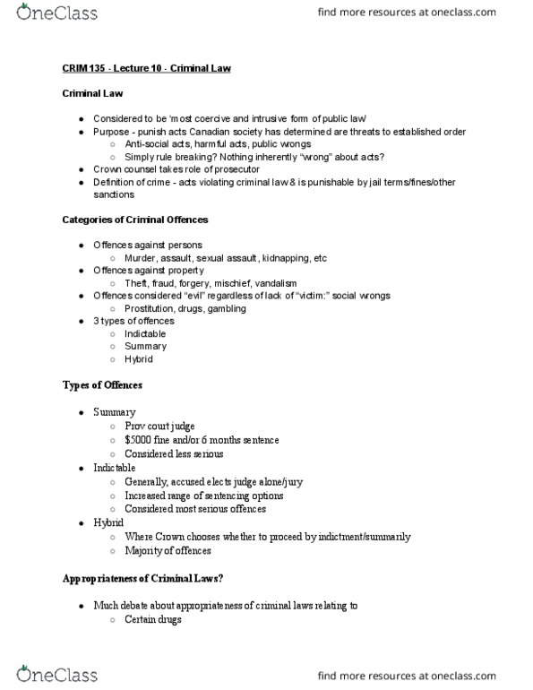 CRIM 135 Lecture Notes - Lecture 10: Indictable Offence, Culpable Homicide, Partial Defence thumbnail