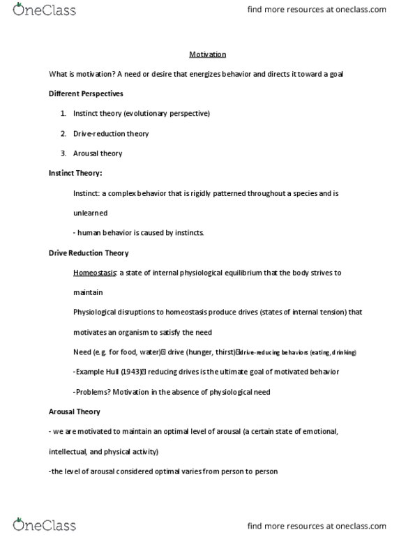 PSY 100 Lecture Notes - Lecture 6: Homeostasis, Sexual Arousal, Leptin thumbnail