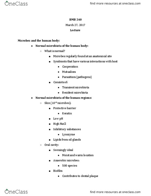 BMB 240 Lecture Notes - Lecture 1: List Of Microbiota Species Of The Lower Reproductive Tract Of Women, Respiratory Tract, Gastrointestinal Tract thumbnail