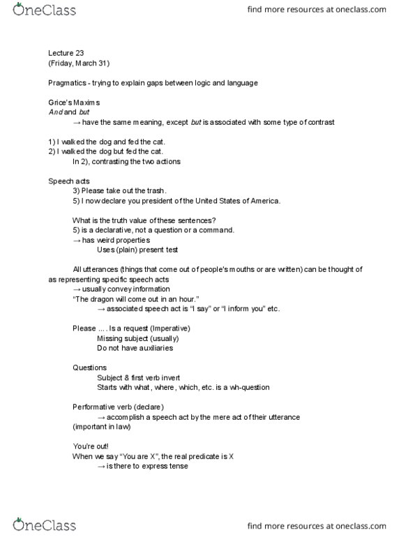 LING 1101 Lecture Notes - Lecture 23: Implicature, Unicycle, Presupposition thumbnail