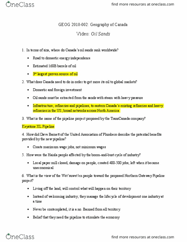 Geography 2010A/B Lecture Notes - Lecture 4: Keystone Pipeline, Haisla People, Enbridge Northern Gateway Pipelines thumbnail