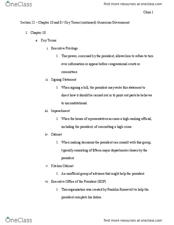 POLS 1101 Lecture Notes - Lecture 22: Executive Privilege, Signing Statement, Franklin D. Roosevelt thumbnail