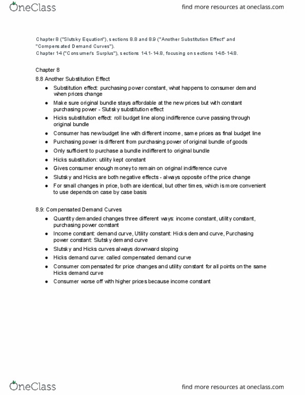 ECON 50 Chapter Notes - Chapter 14: Slutsky Equation, Quasilinear Utility, Reservation Price thumbnail