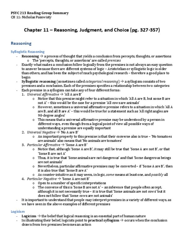 PSYC 213 Chapter Notes - Chapter 11: Natural Deduction, Syllogism, Mental Models thumbnail