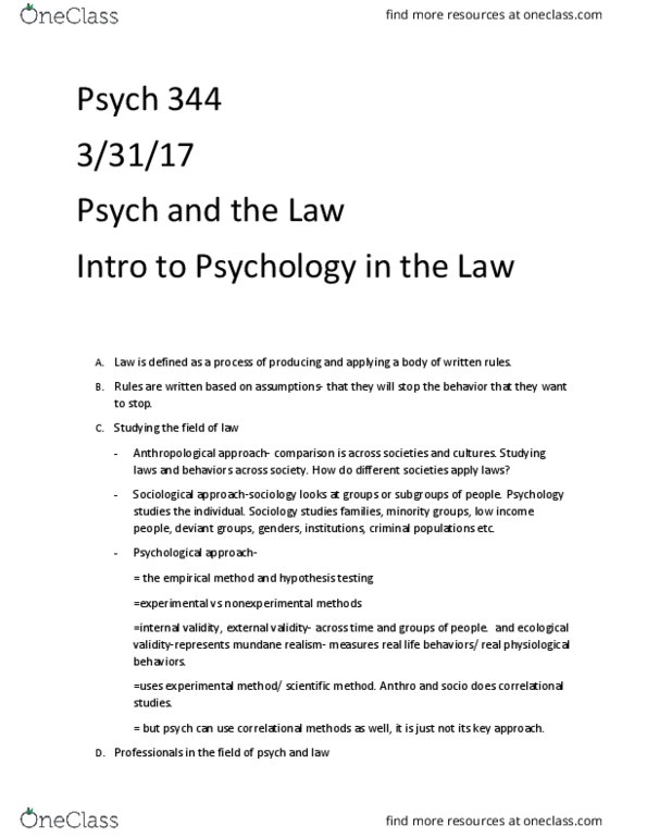 PSY 344 Lecture Notes - Lecture 2: Eyewitness Memory, Applied Psychology, Internal Validity thumbnail