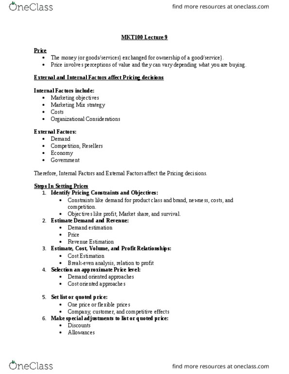 MKT 100 Lecture Notes - Lecture 9: Marketing Mix, Price Level, Target Costing thumbnail