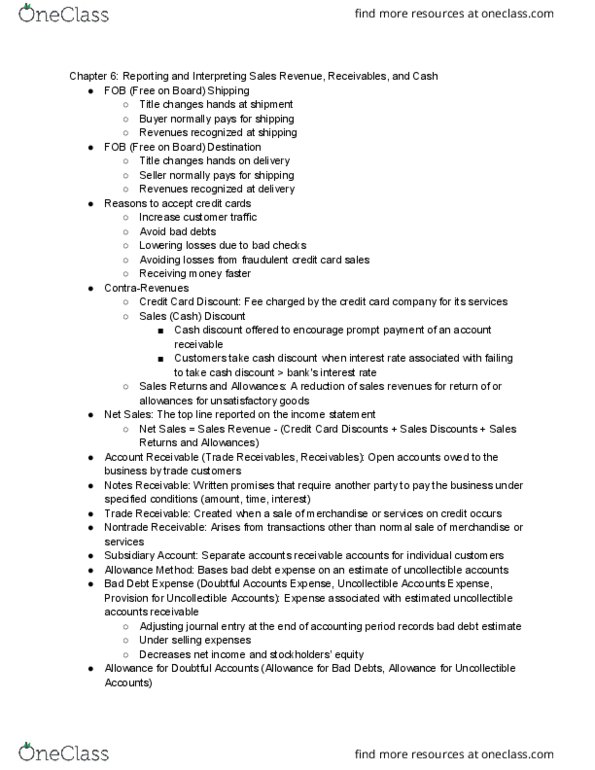 ACC 311 Chapter Notes - Chapter 6: Financial Statement, Accounts Receivable, Income Statement thumbnail