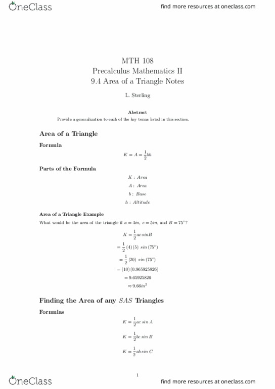MTH 108 Lecture Notes - Lecture 21: Precalculus thumbnail