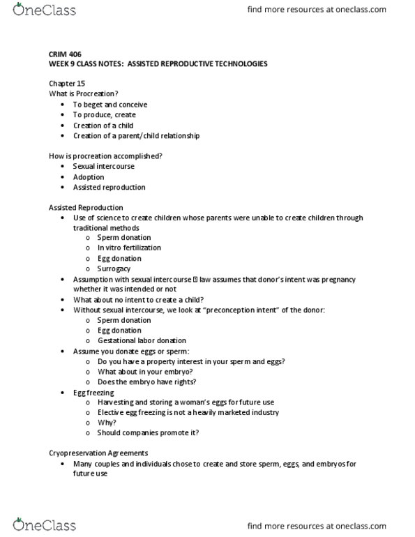 CRIM 406 Lecture Notes - Lecture 9: Social Security, Genetic Testing, Assisted Reproductive Technology thumbnail