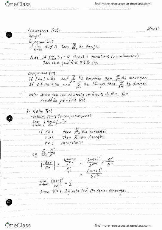 MATH 103 Lecture Notes - Lecture 34: Direct Comparison Test, Integral Test For Convergence thumbnail