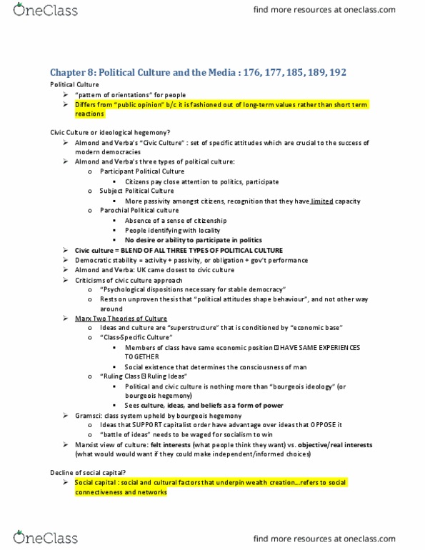 Political Science 1020E Chapter Notes - Chapter 8: Michael Oakeshott, Robert D. Putnam, Mass Media thumbnail