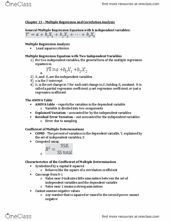 ECON 2200 Chapter Notes - Chapter 13: Linear Regression, Dependent And Independent Variables, Explained Variation thumbnail