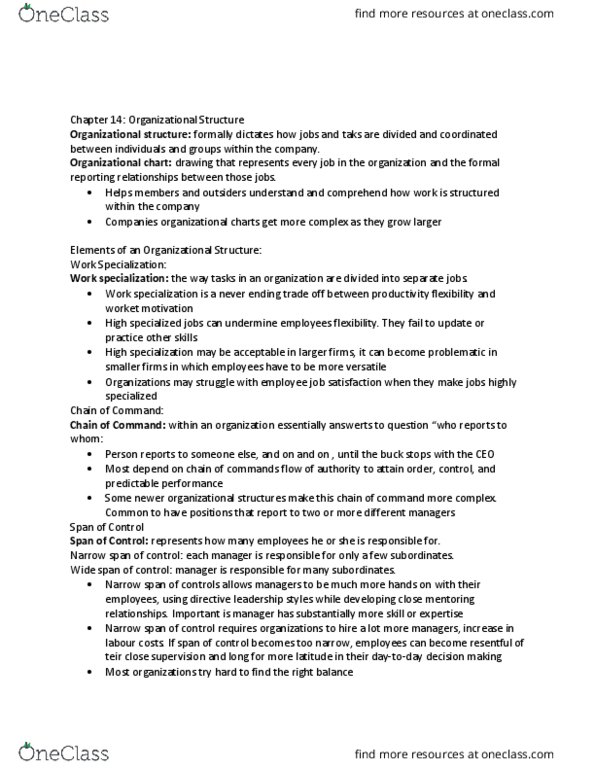 Management and Organizational Studies 2181A/B Chapter Notes - Chapter 14: Organizational Chart, Organizational Structure, Flat Organization thumbnail