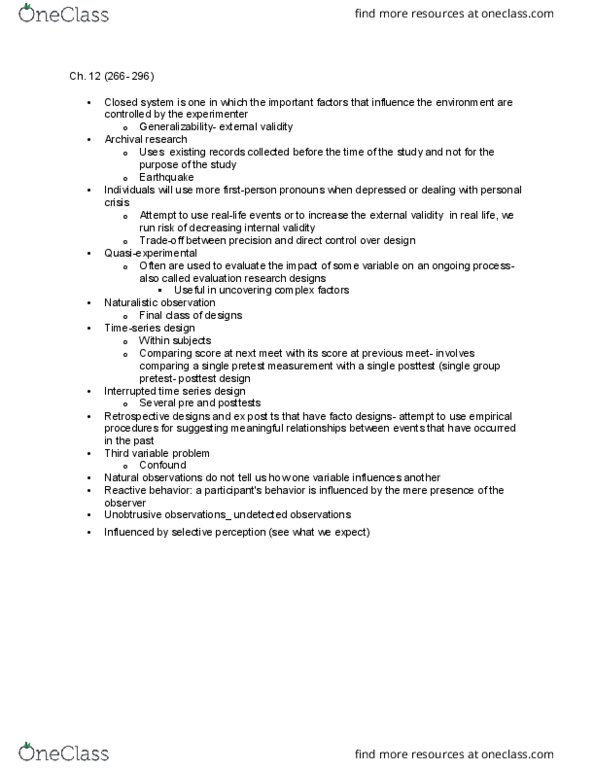 SOCECOL 10 Chapter Notes - Chapter 12: Interrupted Time Series, Naturalistic Observation, Selective Perception thumbnail