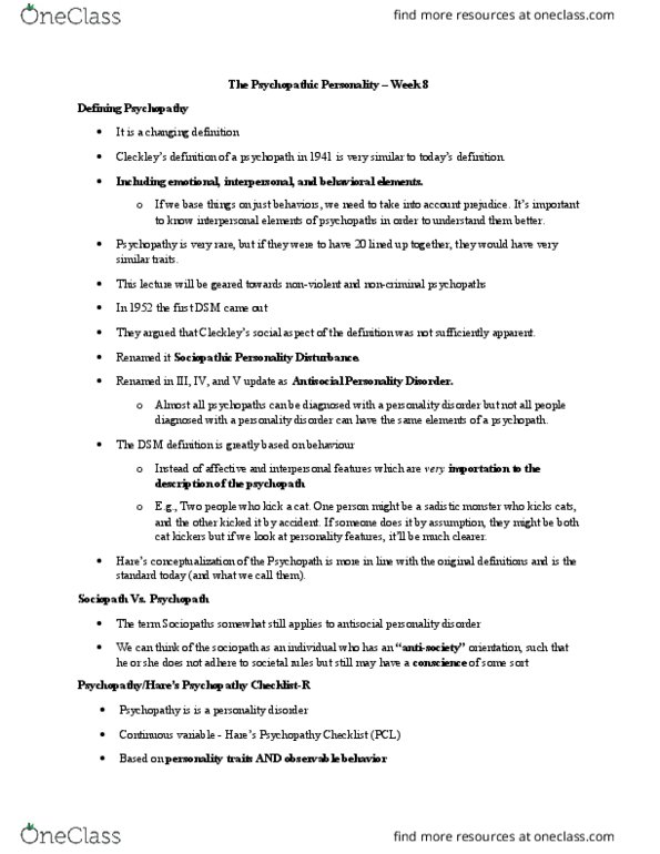 PSY 300 Lecture Notes - Lecture 8: Psychopathy Checklist, Antisocial Personality Disorder, Borderline Personality Disorder thumbnail